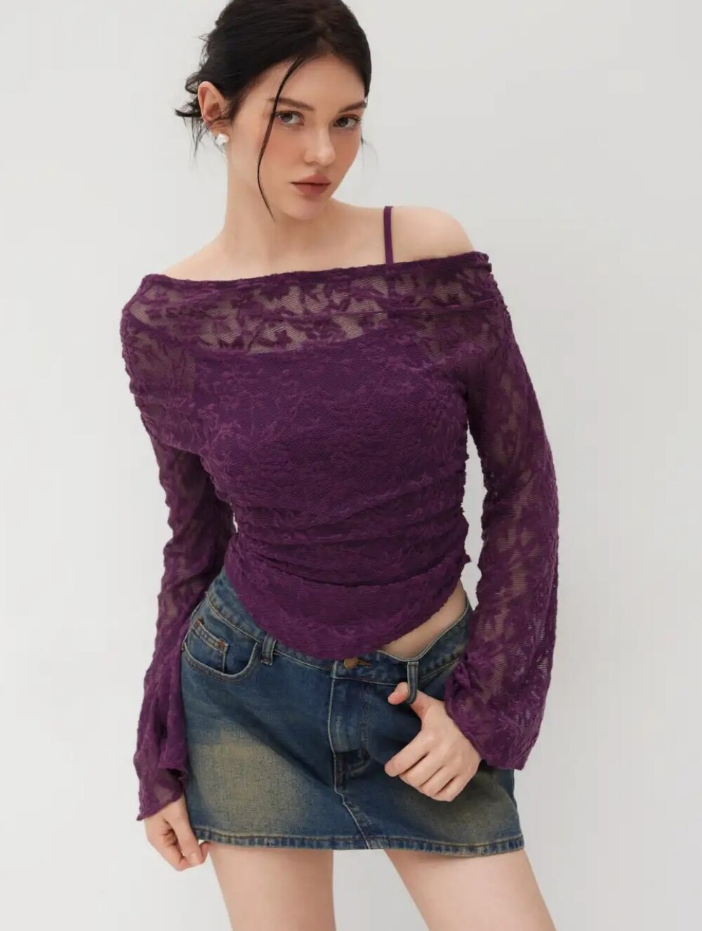 Cider Medium Purple Lace Long Sleeve Asymmetrical Layered Off The Shoulder Top